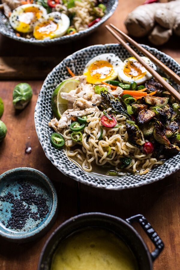 30 Minute Chicken Ramen with Miso Roasted Brussels Sprouts + Ginger Butter | halfbakedharvest