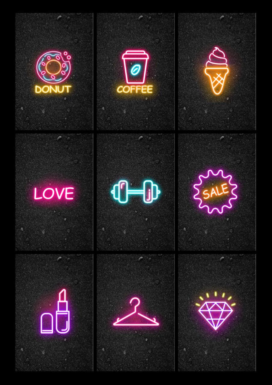 neon signs are displayed in the dark with different colors and shapes, including an ice cream cone