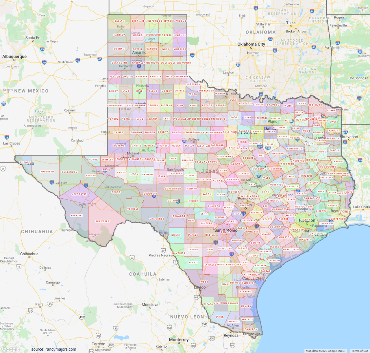 Texas County Map – shown on Google Maps