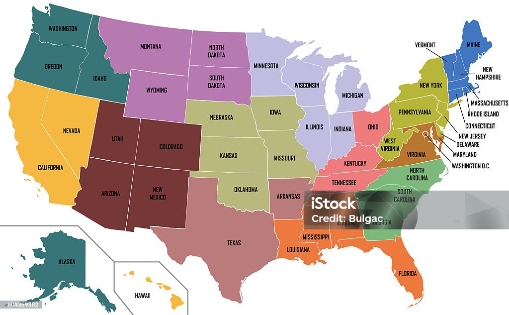 Map Of United States Of America With State Names Stock Photo - Download Image Now - Map, USA, US
