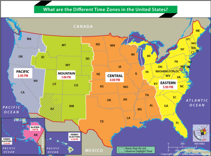 US map showing different time zones - Answers