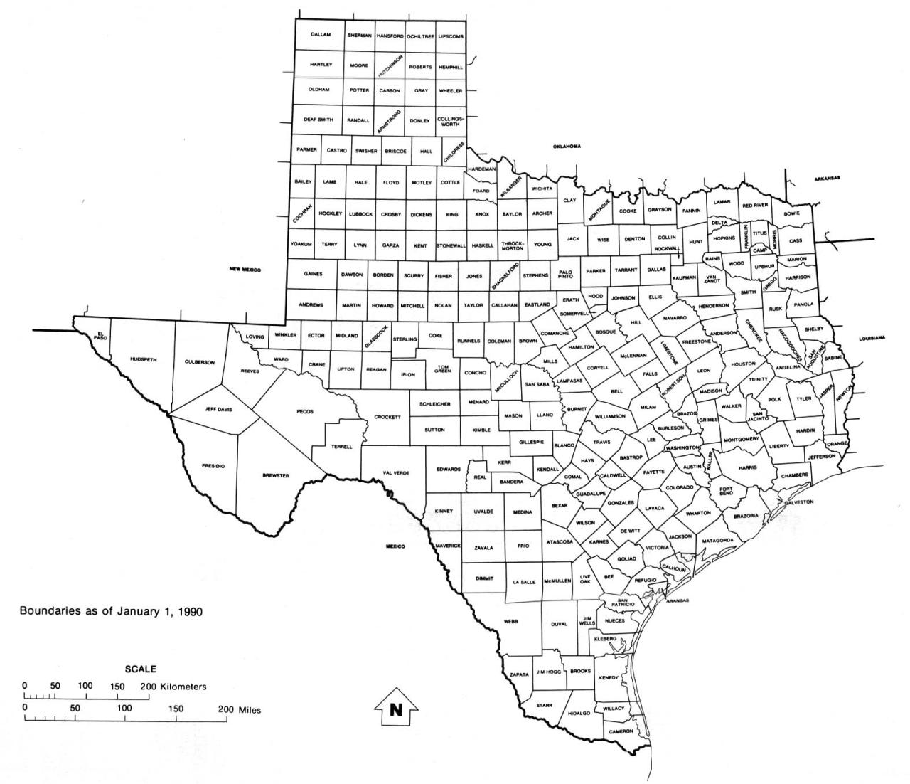 Texas State Map with counties outline and location of each county in TX, printable free